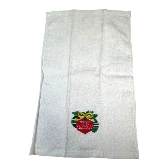 Holiday Kitchen Towel w/ Festive Ornament Embroidered Vintage 100% Cotton White - Picture 4 of 6